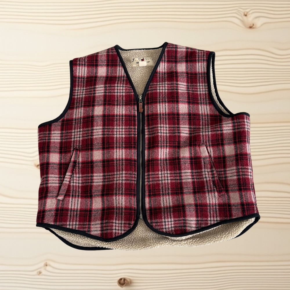 Woolrich Mens XL Merlot Plaid Wool‎ Blend Sherpa Lined Full Zip Vest 412
